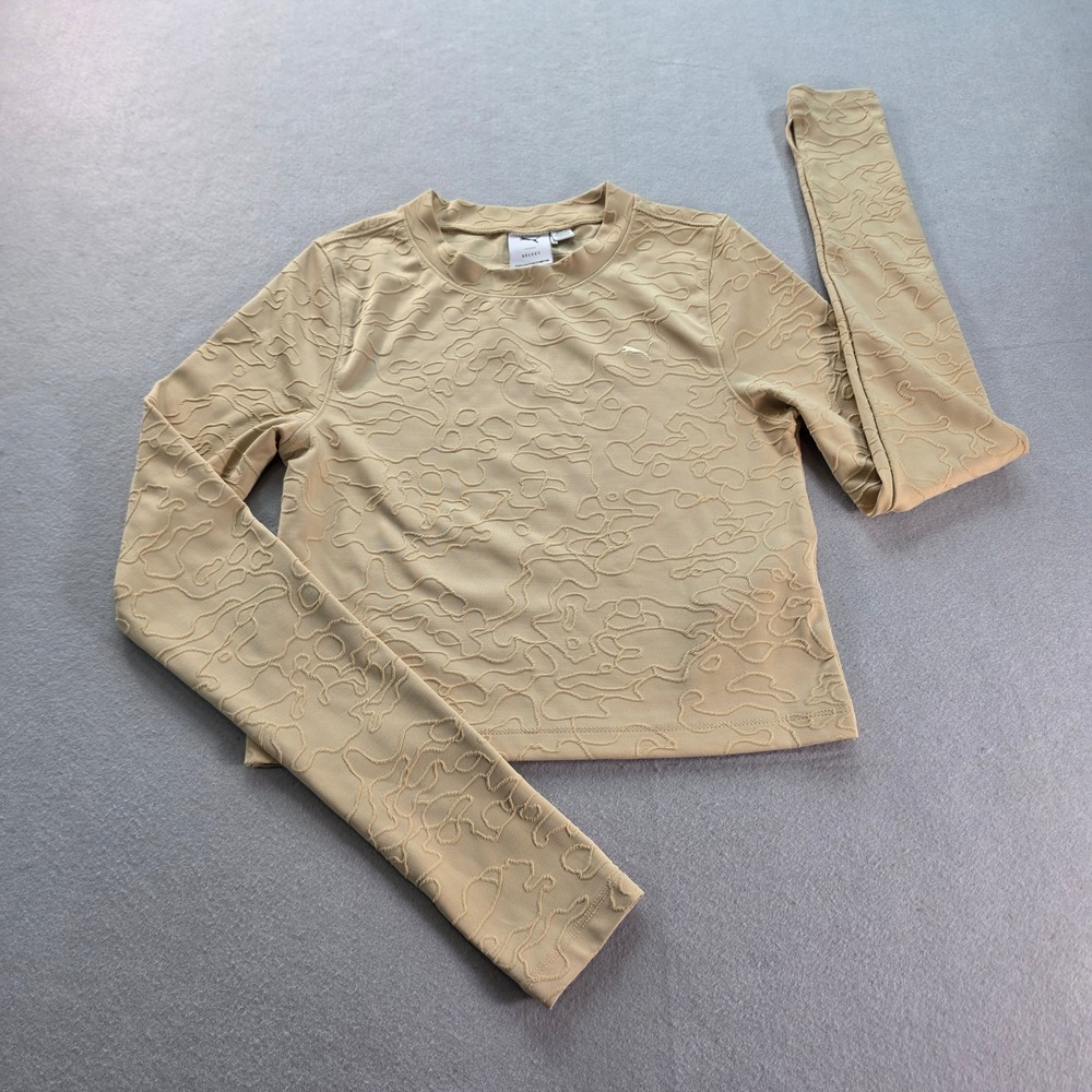 Puma Select Women Tan Beige Jacquard Cropped Long Sleeve Top 535815-87 Medium